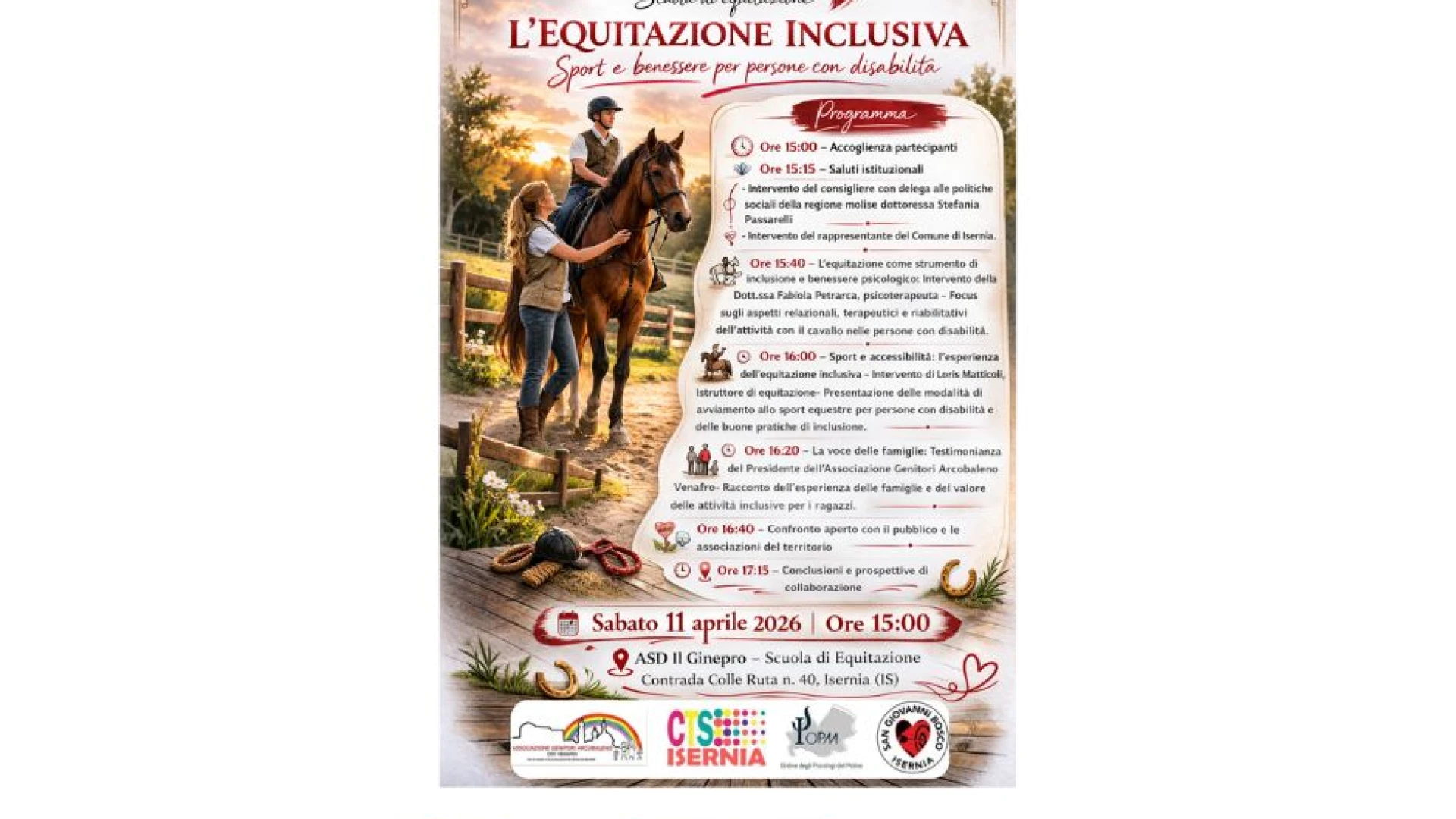 Isernia: sabato 11 aprile presso la scuola di equitazione “Il Ginepro” l’iniziativa denominata “L’equitazione inclusiva-Sport e benessere per persone con disabilità”.